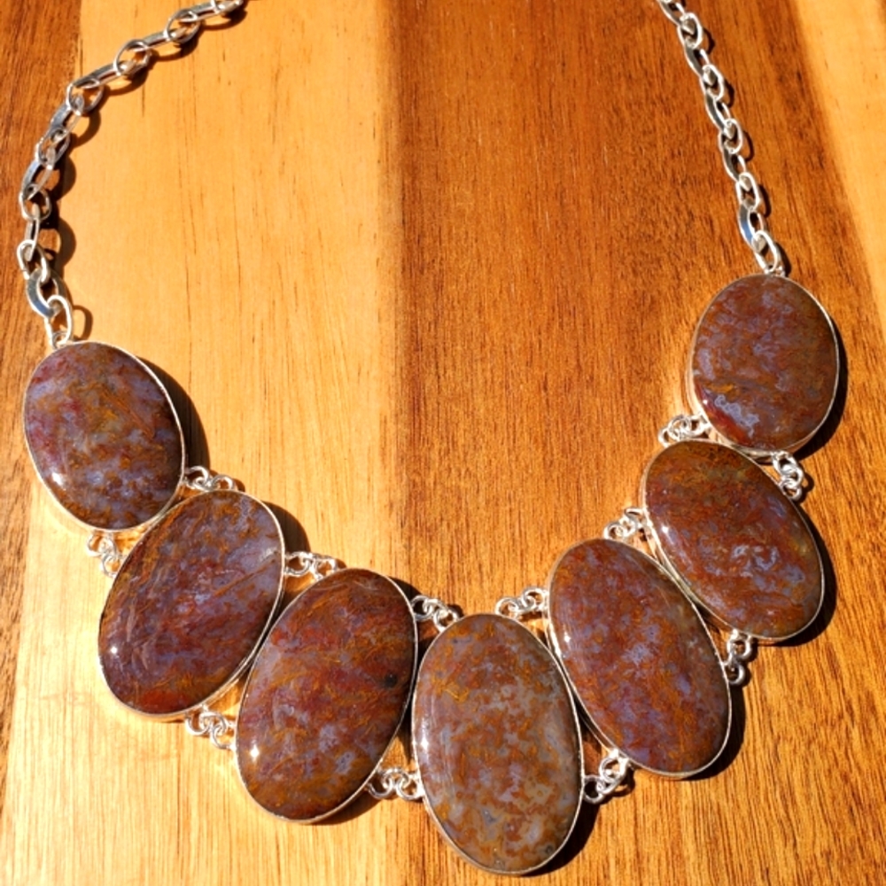 New Oversized Seam Agate Silver Statement Necklace.